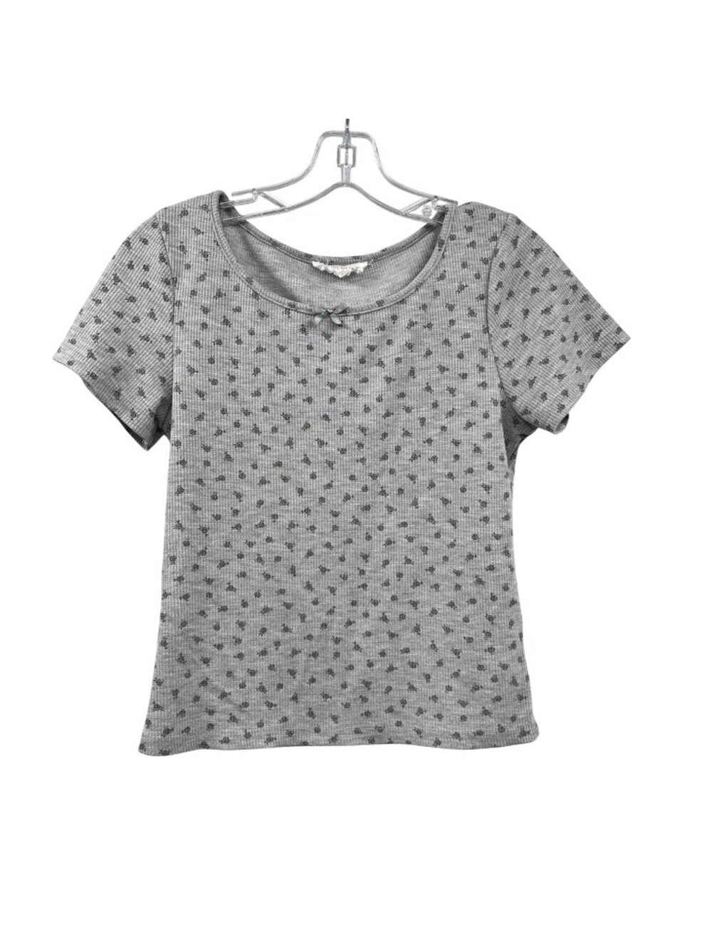 Pink Rose Gray Waffle Knit Scoop Neckline Top Short Sleeve Large